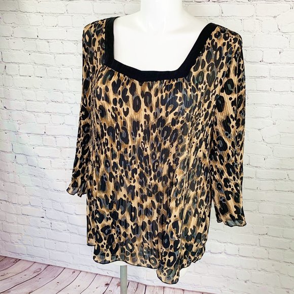 4X LEOPARD ANIMAL PRINT PLEATED BELL SLEEVE TUNIC TOP